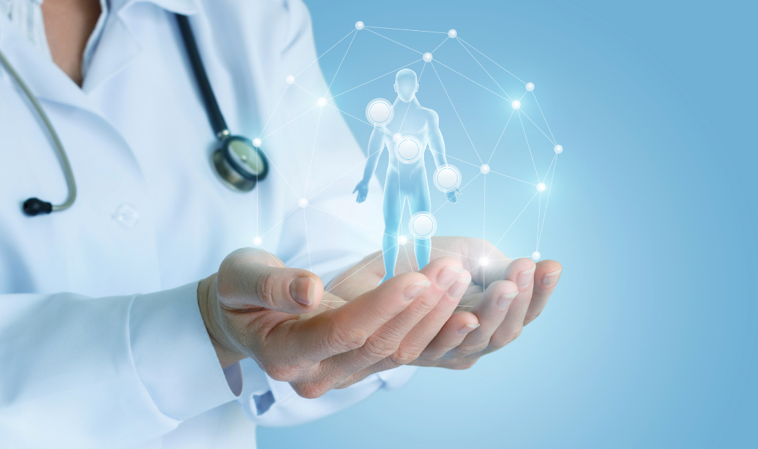 Provider with hands open holding a computer graphic of a human body